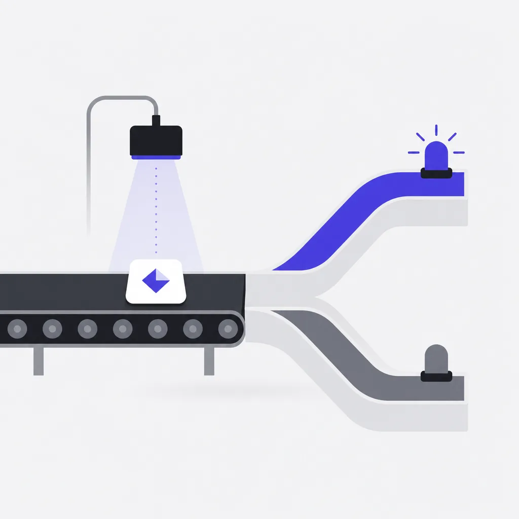 An image card on a conveyor being read by a scanner beam and routed to the lit path of a fork