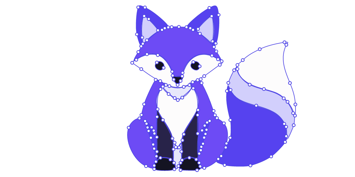 The same fox as the SVG Unpixel traced from it, enlarged: smooth edges in the same flat colours, and every anchor point on its paths.