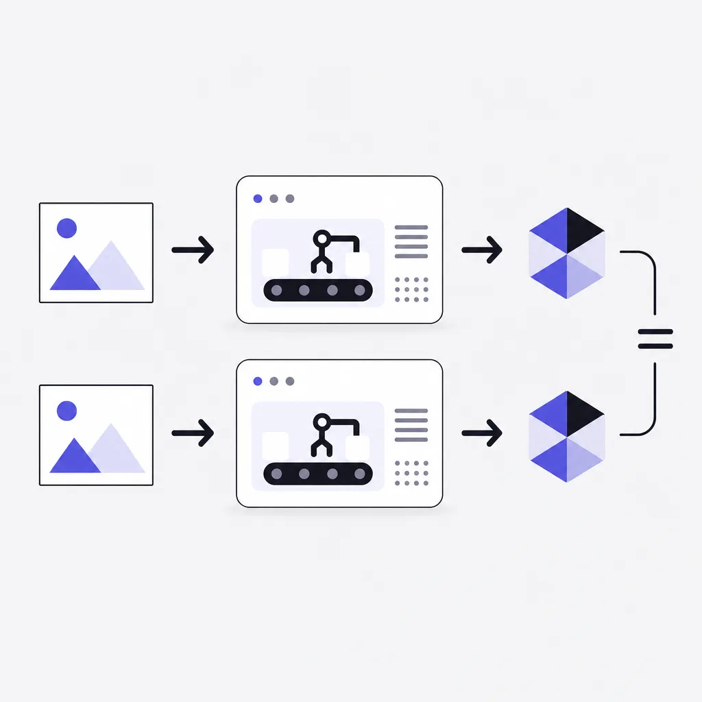The same artwork enters the same process twice: two identical pipelines of arrows through a trace machine, ending in two identical emblems joined by an equals sign