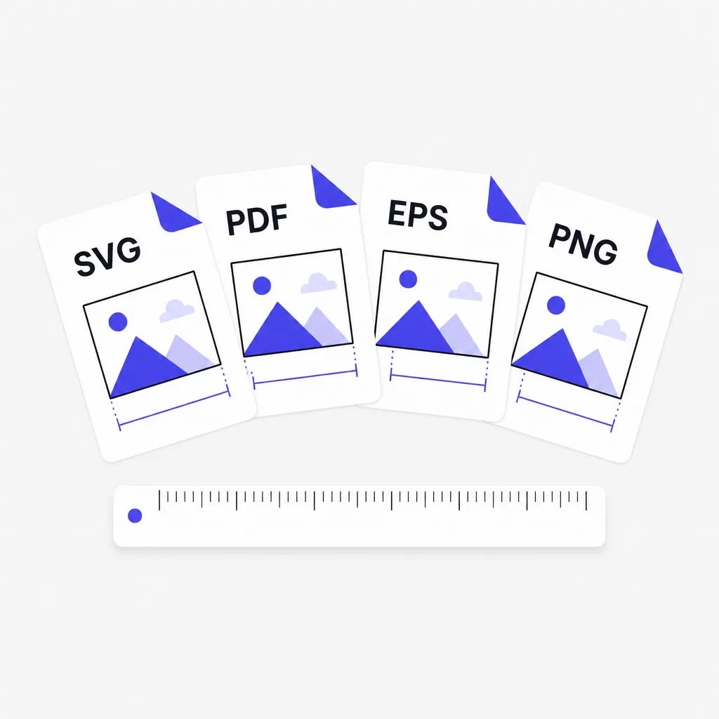 Four fanned document cards labelled SVG, PDF, EPS and PNG, each carrying the same artwork and a width measurement, above a ruler