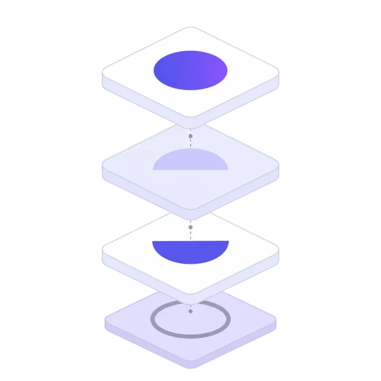 An exploded stack of four flat layers hovering apart, each carrying one colour region of a simple emblem