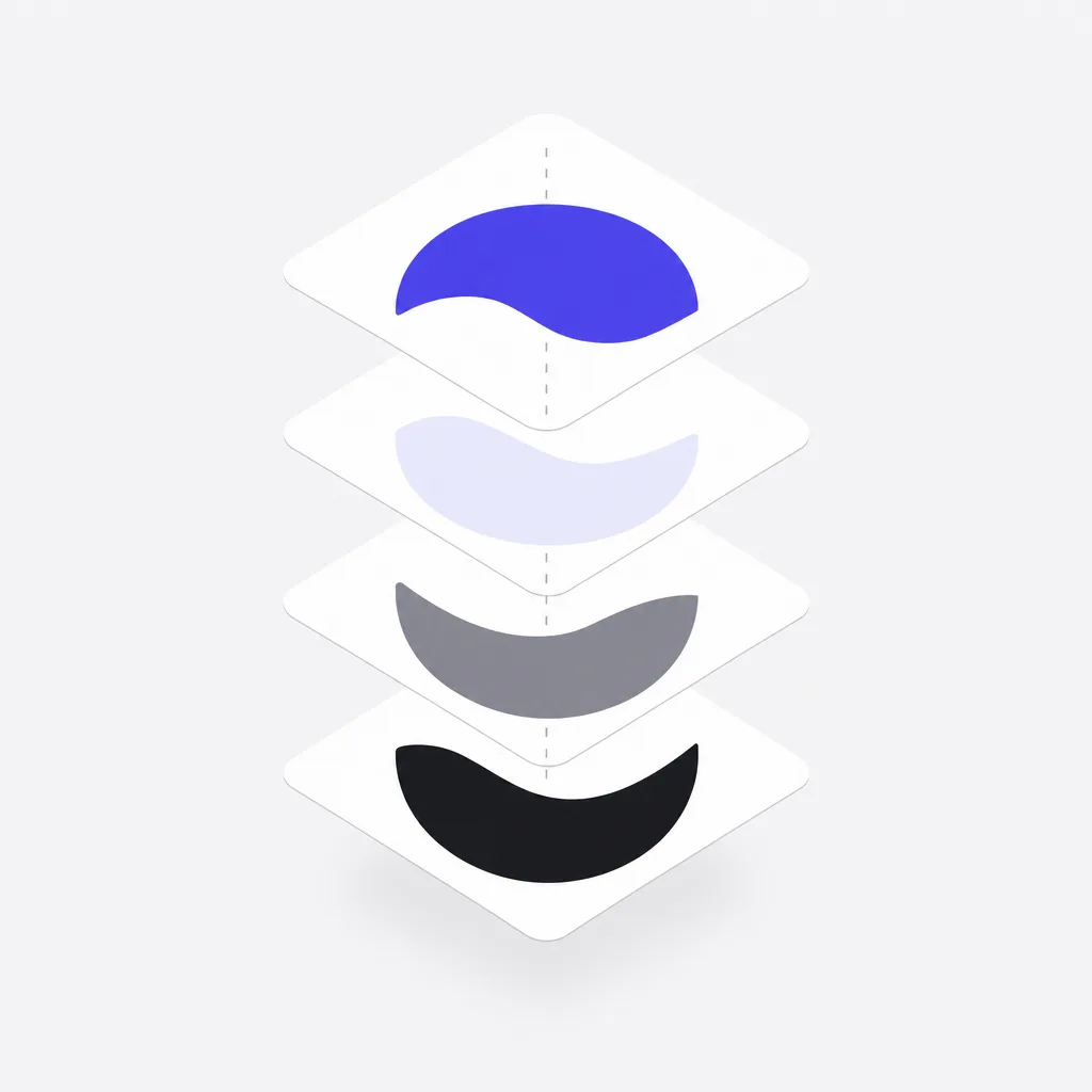 Four flat layers hovering apart in a stack, each carrying one colour of an emblem