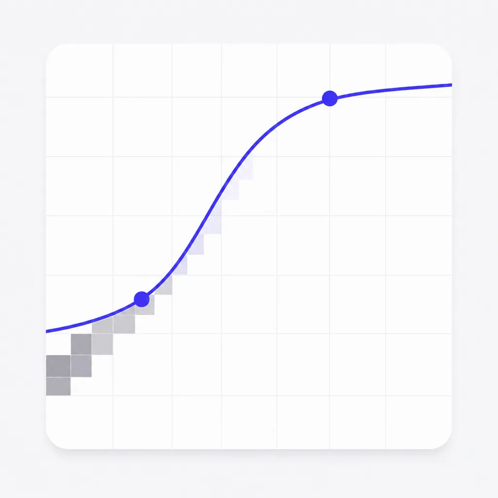 A smooth curve crossing a pixel grid with anchor points between the grid lines, a pixel staircase dissolving into it