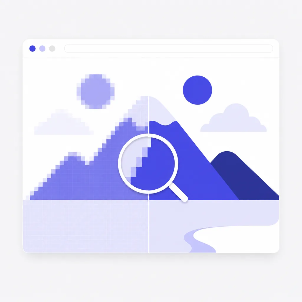 A browser window split between a pixelated raster half and a smooth vector half, with a loupe showing a crisp edge at the seam