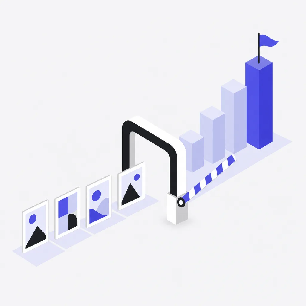 Framed artworks queued at a gate checkpoint with a striped barrier arm, an isometric bar chart rising behind it with a flag on the tallest column